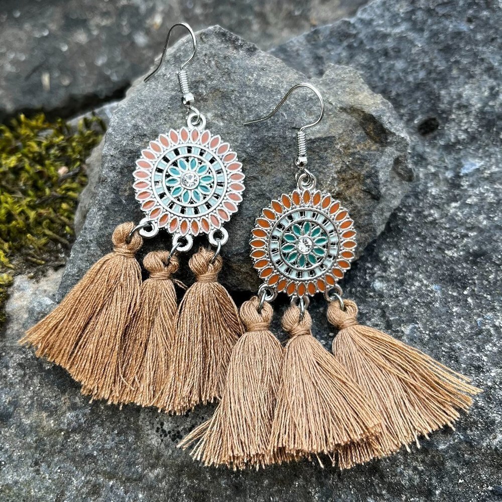 Bohemian Flower Tassel Fringe Drop Earrings Tan - Picture 3 of 4